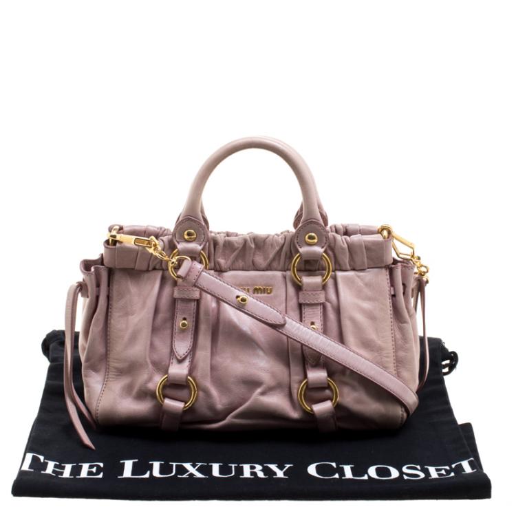 Pre Owned Miu Miu Beige Glazed Leather Small Luxe Ruched Top Handle Bag