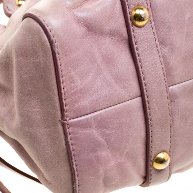 Pre Owned Miu Miu Beige Glazed Leather Small Luxe Ruched Top Handle Bag