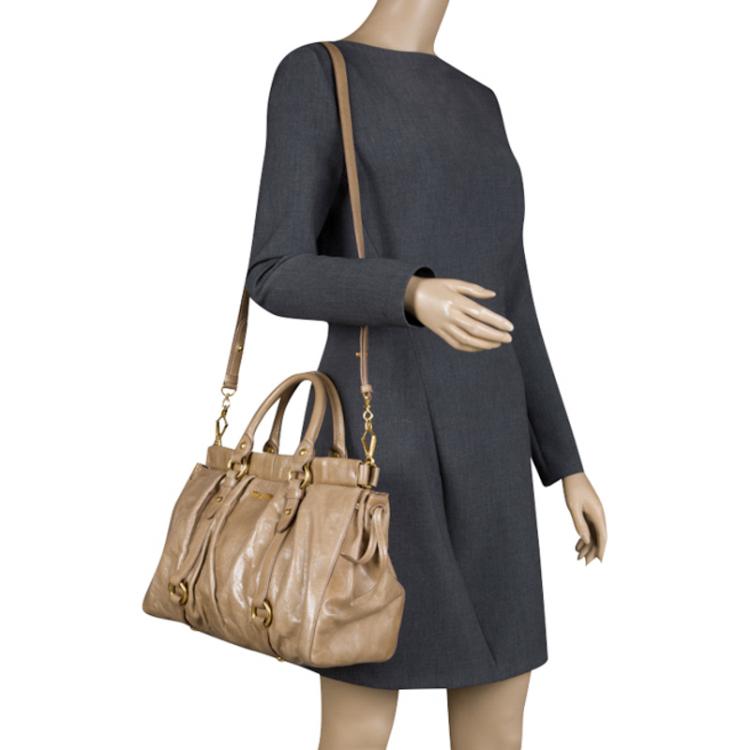 Pre Owned Miu Miu Fatigue Green Vitello Lux Leather Gathered Tote