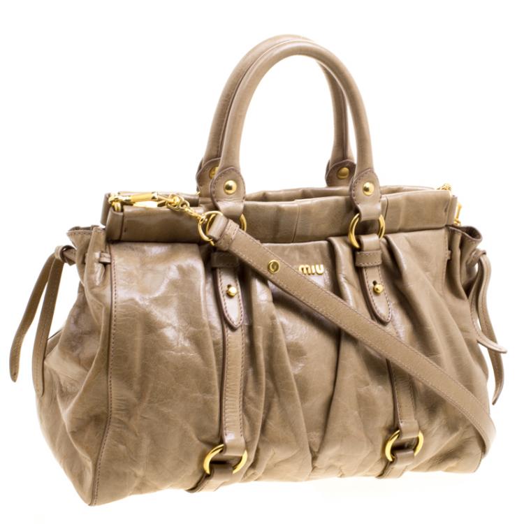 Pre Owned Miu Miu Fatigue Green Vitello Lux Leather Gathered Tote