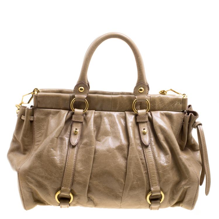 Pre Owned Miu Miu Fatigue Green Vitello Lux Leather Gathered Tote