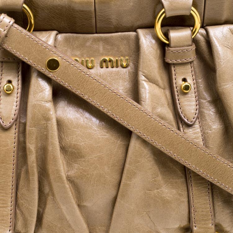 Pre Owned Miu Miu Fatigue Green Vitello Lux Leather Gathered Tote