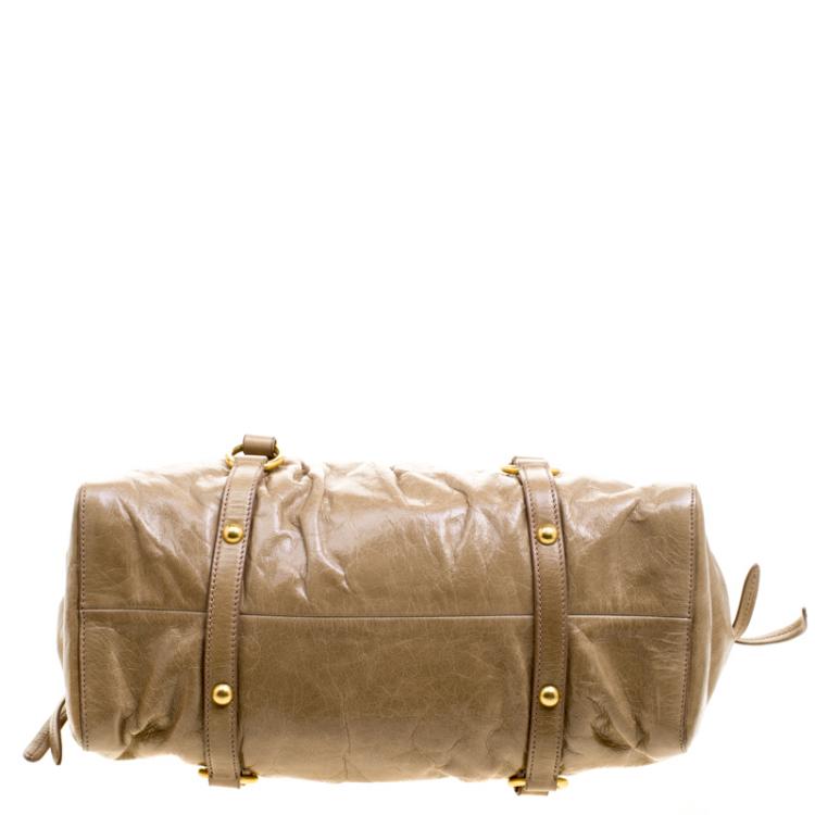 Pre Owned Miu Miu Fatigue Green Vitello Lux Leather Gathered Tote