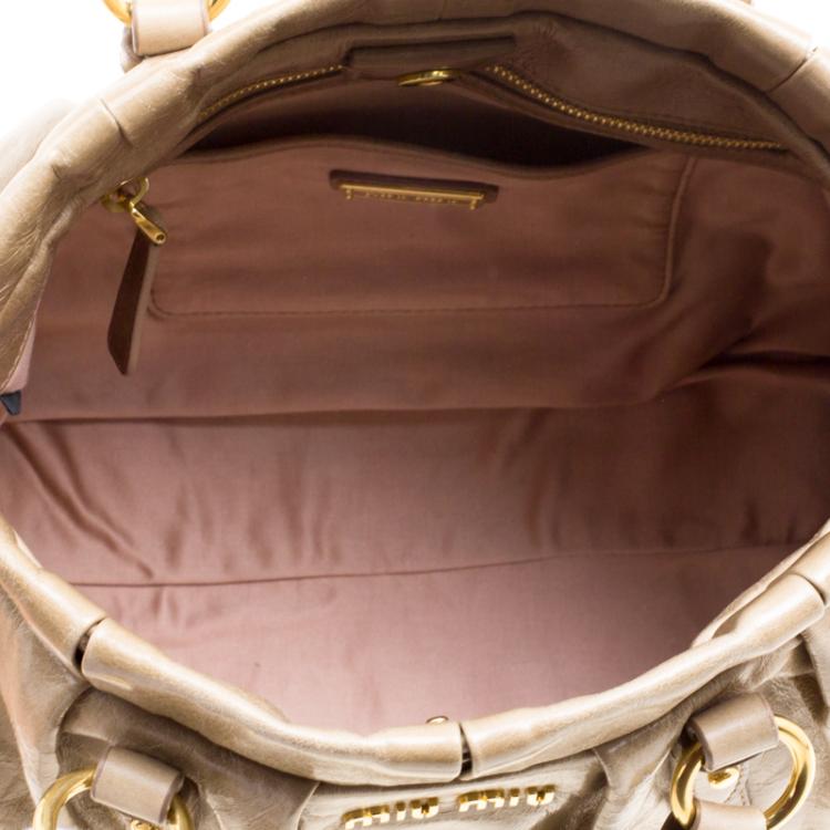 Pre Owned Miu Miu Fatigue Green Vitello Lux Leather Gathered Tote