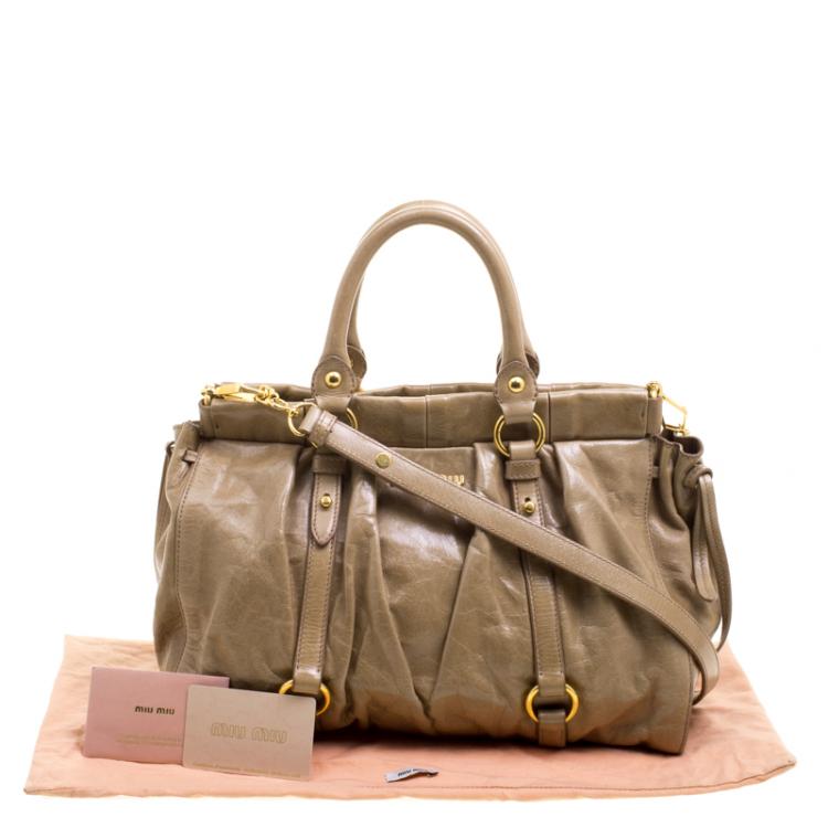 Pre Owned Miu Miu Fatigue Green Vitello Lux Leather Gathered Tote