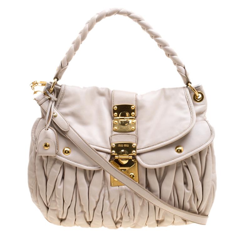 Pre Owned Miu Miu Beige Matelasse Lux Leather Coffer Hobo