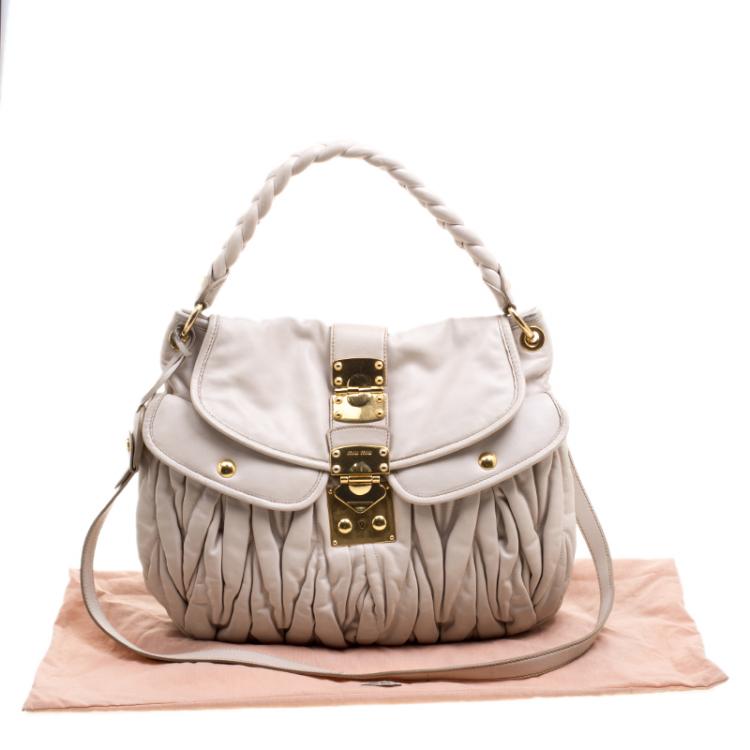 Pre Owned Miu Miu Beige Matelasse Lux Leather Coffer Hobo