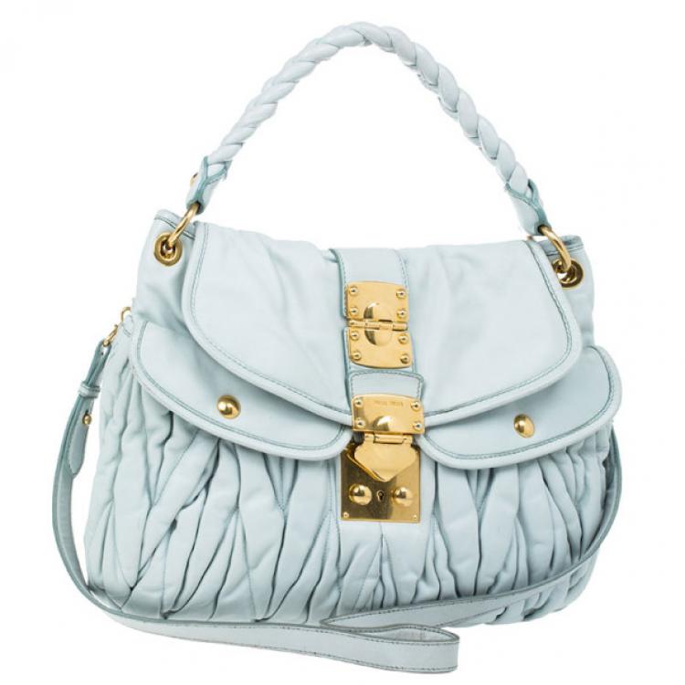 Pre Owned Miu Miu Light Blue Leather Matelasse Hobo