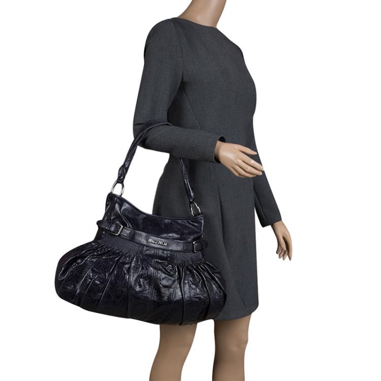 Pre Owned Miu Miu Dark Blue Distressed Leather Hobo