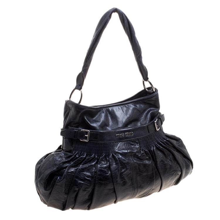 Pre Owned Miu Miu Dark Blue Distressed Leather Hobo