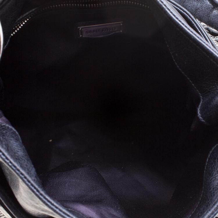 Pre Owned Miu Miu Dark Blue Distressed Leather Hobo