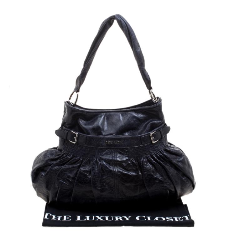 Pre Owned Miu Miu Dark Blue Distressed Leather Hobo