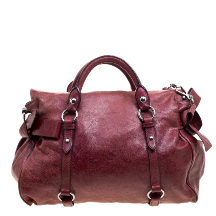 Pre Owned Miu Miu Burgundy Leather Bow Tote