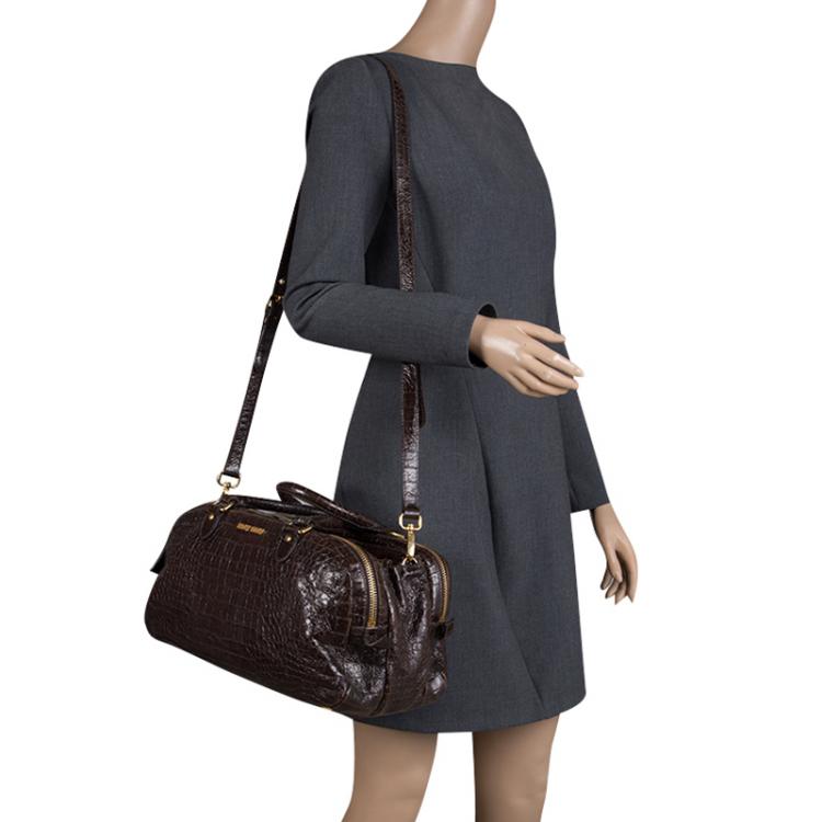 Pre Owned Miu Miu Brown Croc Embossed Leather Triple Zip Satchel