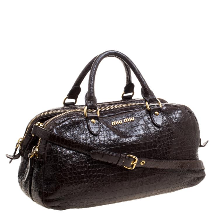 Pre Owned Miu Miu Brown Croc Embossed Leather Triple Zip Satchel