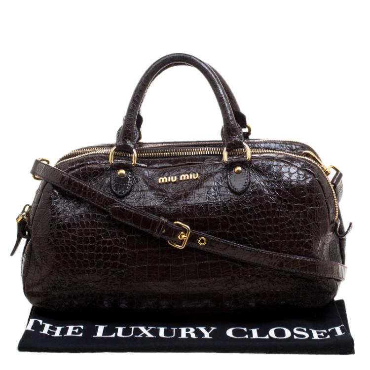 Pre Owned Miu Miu Brown Croc Embossed Leather Triple Zip Satchel