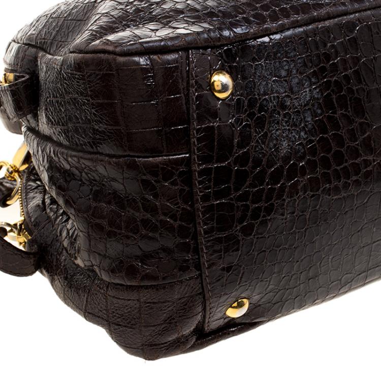 Pre Owned Miu Miu Brown Croc Embossed Leather Triple Zip Satchel