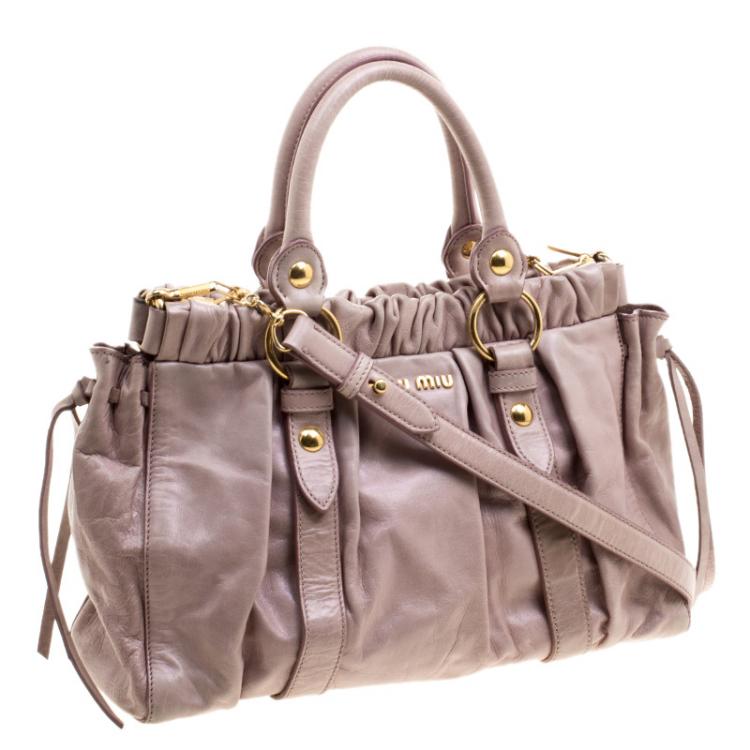 Pre Owned Miu Miu Beige Glazed Leather Medium Luxe Ruched Top Handle Bag