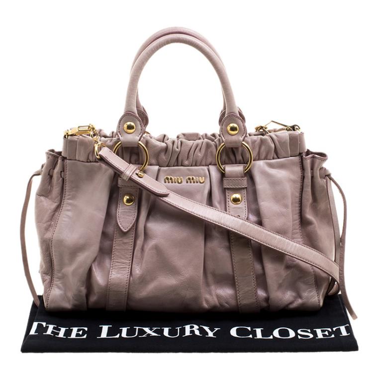 Pre Owned Miu Miu Beige Glazed Leather Medium Luxe Ruched Top Handle Bag