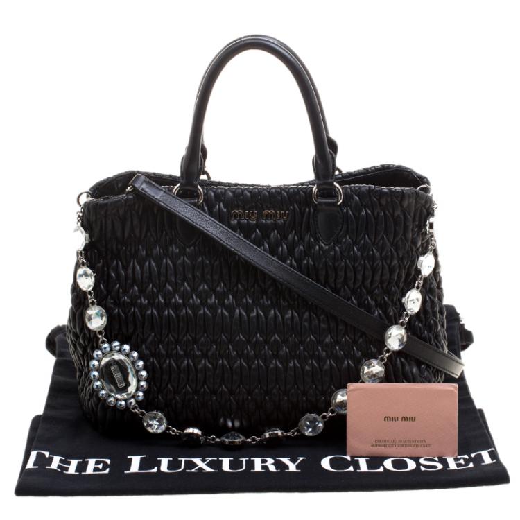 Pre Owned Miu Miu Black Matelasse Nappa Leather Crystal Tote