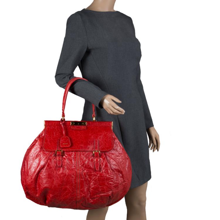Pre Owned Miu Miu Red Vitello Lux Leather Frame Top Handle Bag