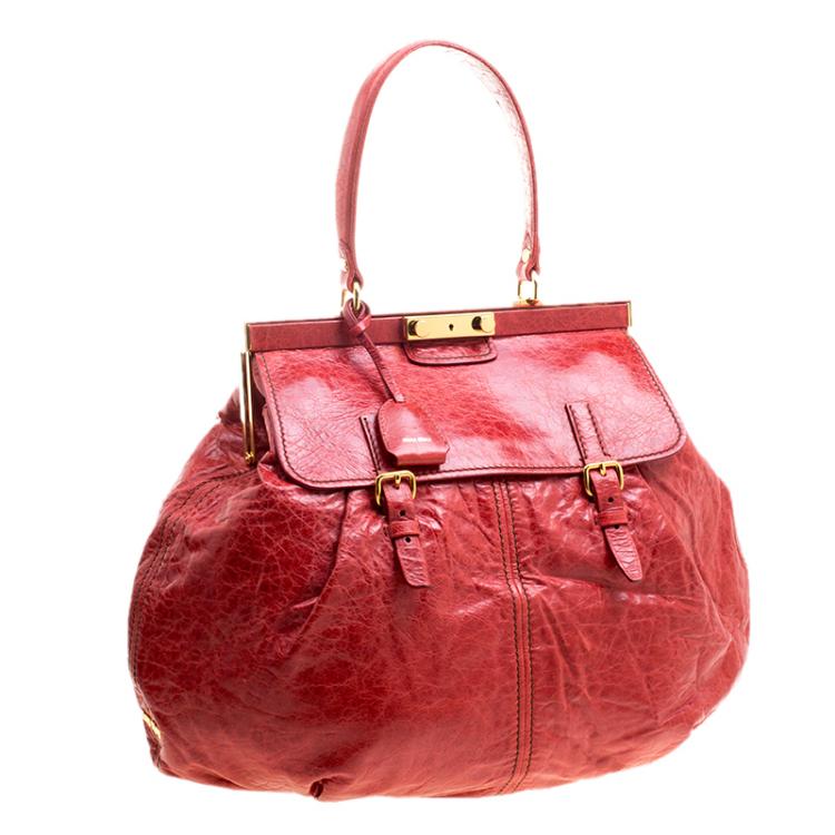 Pre Owned Miu Miu Red Vitello Lux Leather Frame Top Handle Bag
