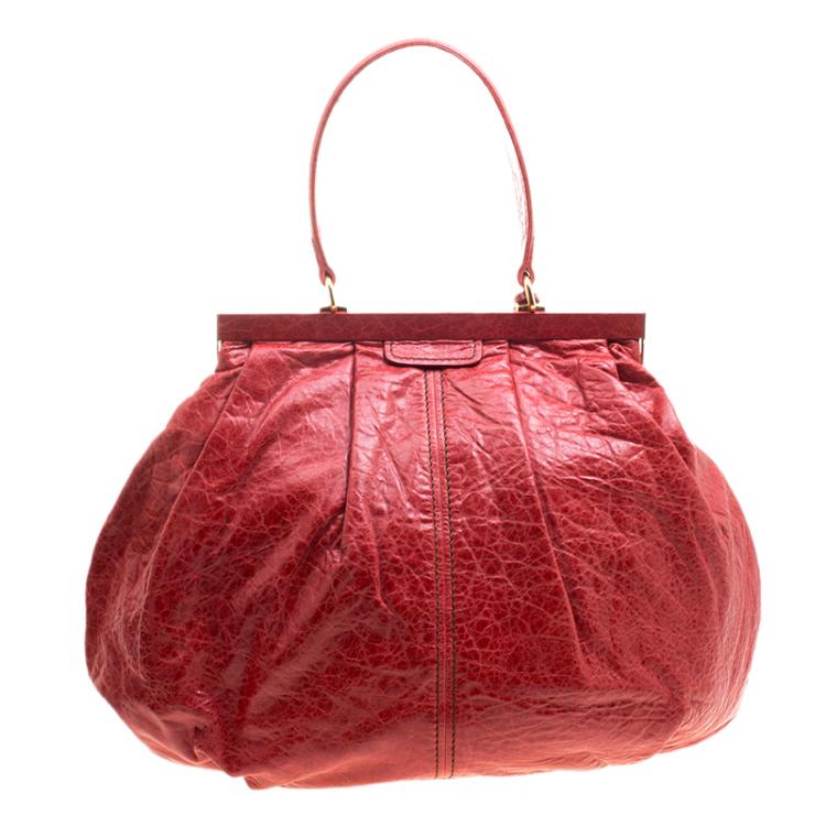 Pre Owned Miu Miu Red Vitello Lux Leather Frame Top Handle Bag