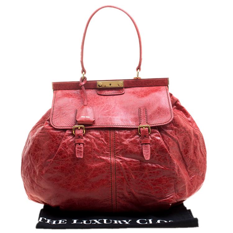 Pre Owned Miu Miu Red Vitello Lux Leather Frame Top Handle Bag