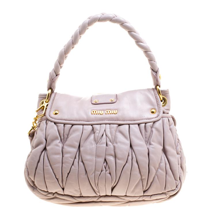 Pre Owned Miu Miu Beige Matelasse Lux Leather Small Coffer Hobo