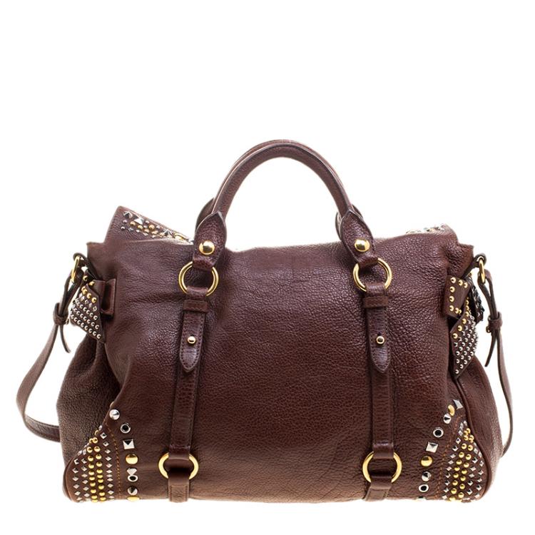 Pre Owned Miu Miu BrownLeather Bow Studded Tote