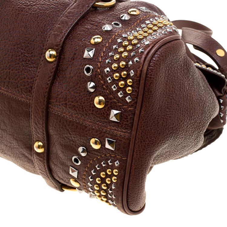 Pre Owned Miu Miu BrownLeather Bow Studded Tote