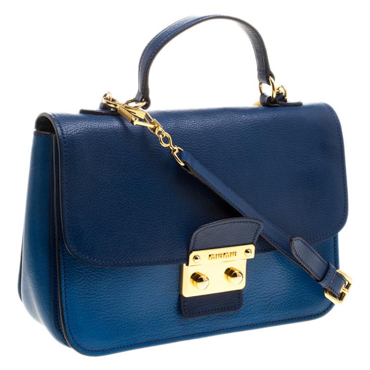 Pre Owned Miu Miu Blue Leather Madras Top Handle Crossbody Bag