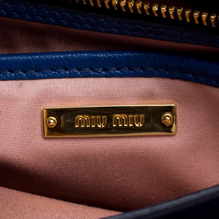 Pre Owned Miu Miu Blue Leather Madras Top Handle Crossbody Bag