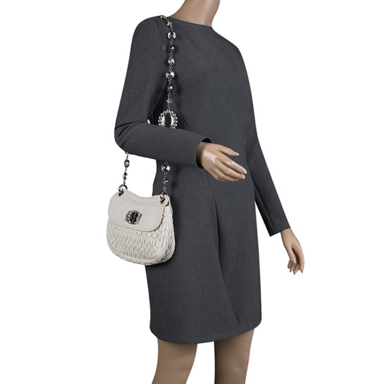 Pre Owned Miu Miu White Matelassé Leather Crystal Flap Shoulder Bag