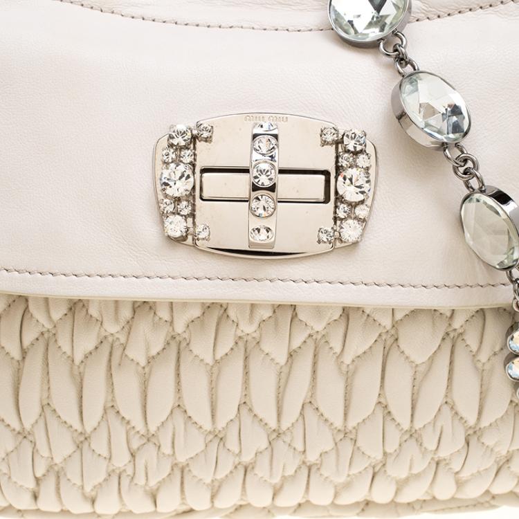 Pre Owned Miu Miu White Matelassé Leather Crystal Flap Shoulder Bag