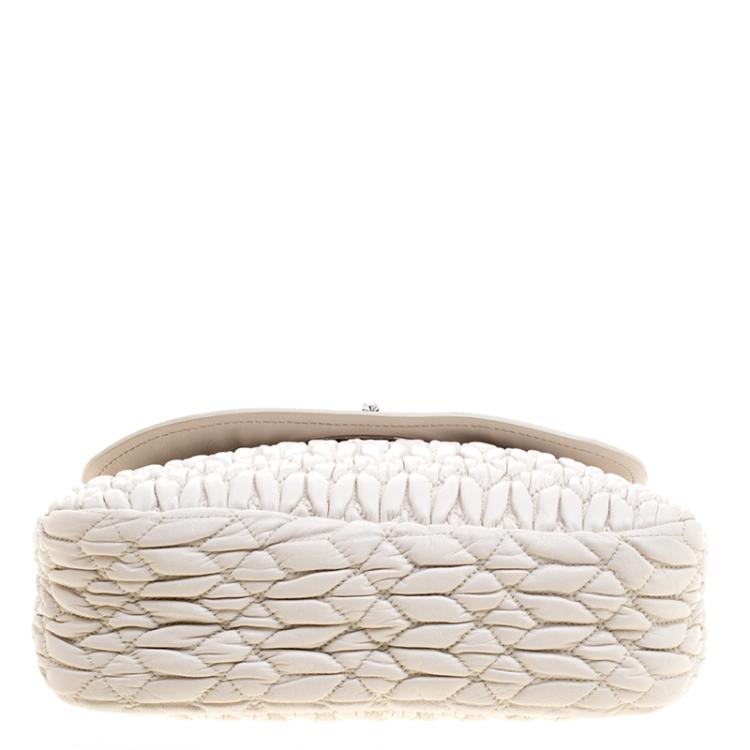 Pre Owned Miu Miu White Matelassé Leather Crystal Flap Shoulder Bag