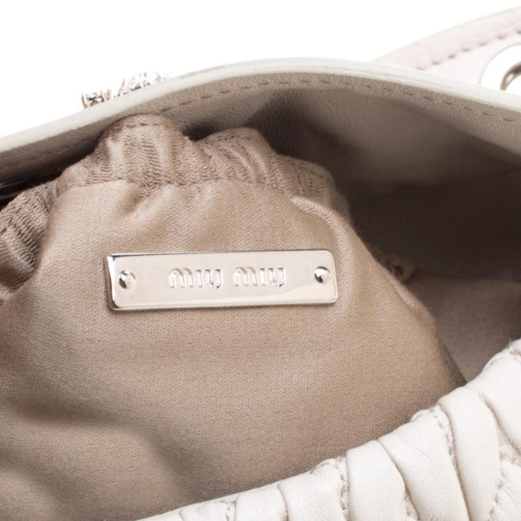 Pre Owned Miu Miu White Matelassé Leather Crystal Flap Shoulder Bag