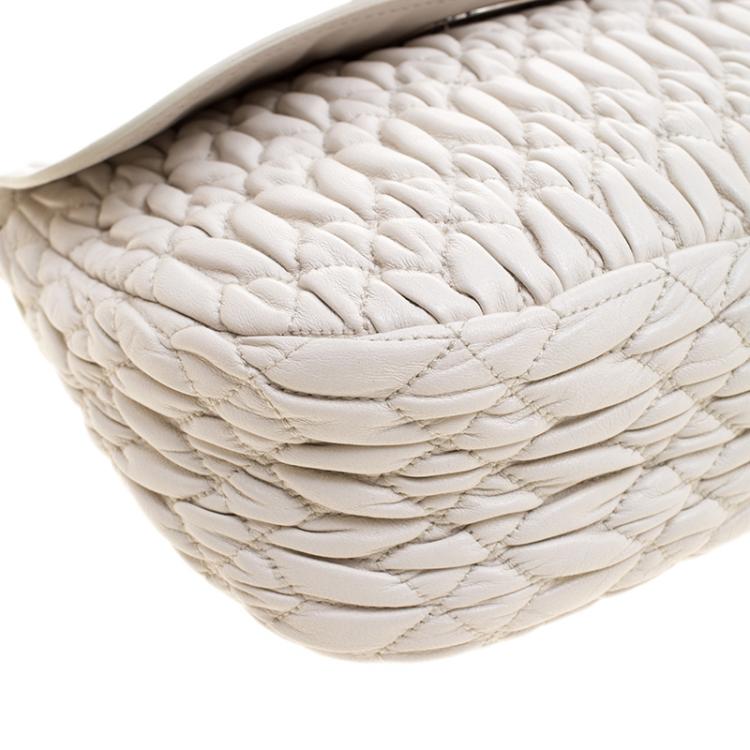 Pre Owned Miu Miu White Matelassé Leather Crystal Flap Shoulder Bag
