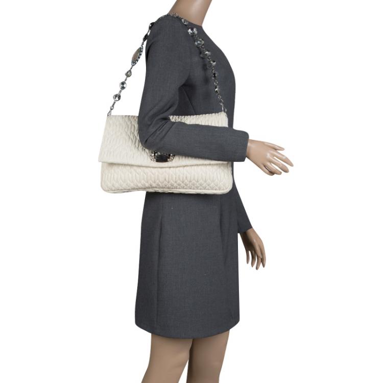 Pre Owned Miu Miu Cream Matelassé Leather Crystal Flap Shoulder Bag