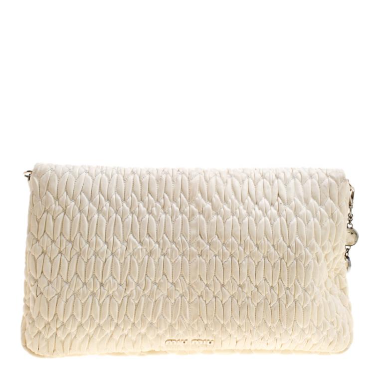 Pre Owned Miu Miu Cream Matelassé Leather Crystal Flap Shoulder Bag