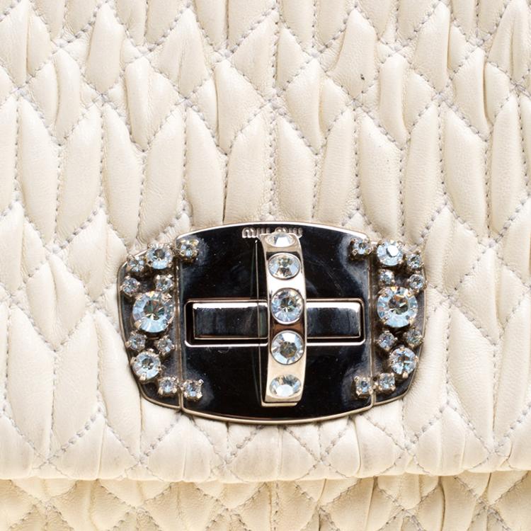 Pre Owned Miu Miu Cream Matelassé Leather Crystal Flap Shoulder Bag