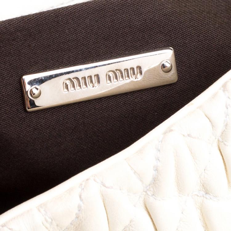 Pre Owned Miu Miu Cream Matelassé Leather Crystal Flap Shoulder Bag