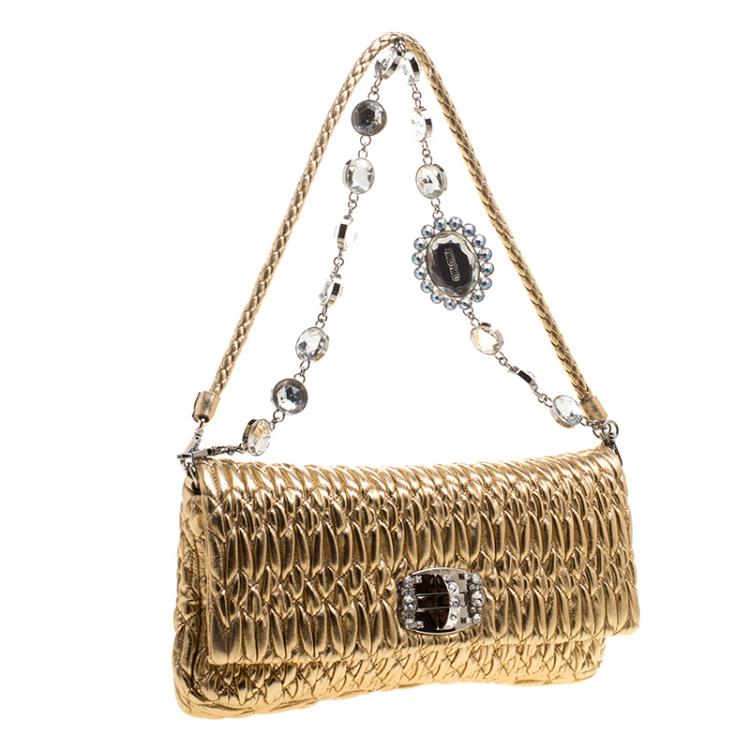Pre Owned Miu Miu Gold Matelassé Leather Crystal Flap Shoulder Bag