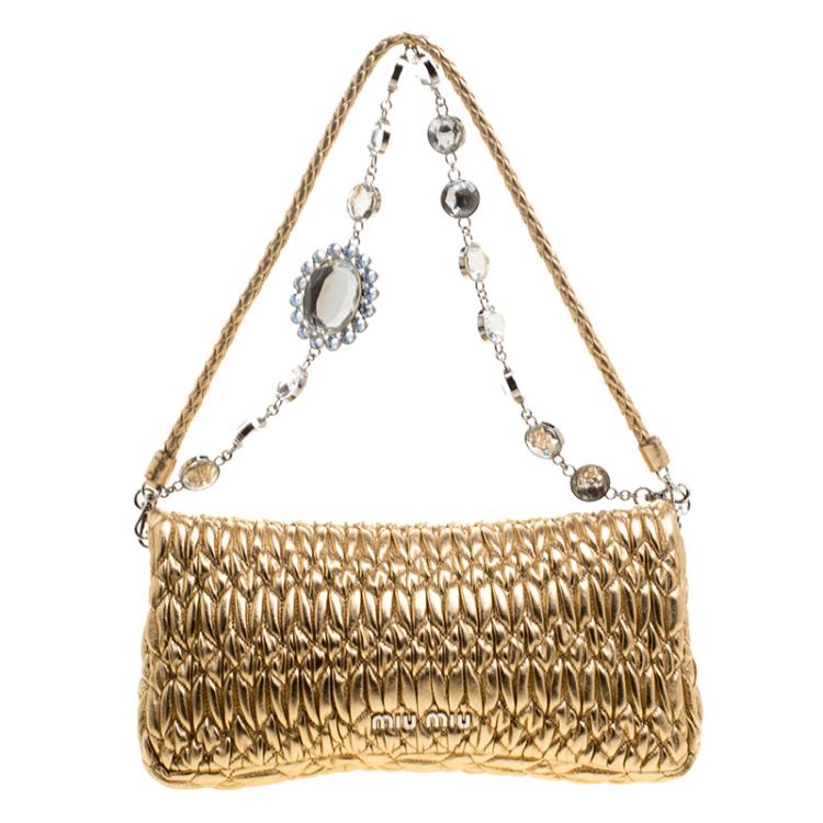 Pre Owned Miu Miu Gold Matelassé Leather Crystal Flap Shoulder Bag