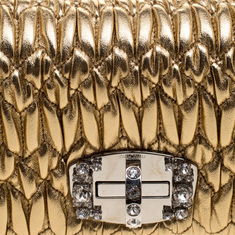 Pre Owned Miu Miu Gold Matelassé Leather Crystal Flap Shoulder Bag