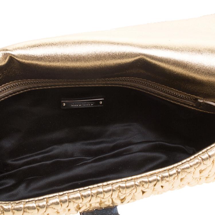Pre Owned Miu Miu Gold Matelassé Leather Crystal Flap Shoulder Bag