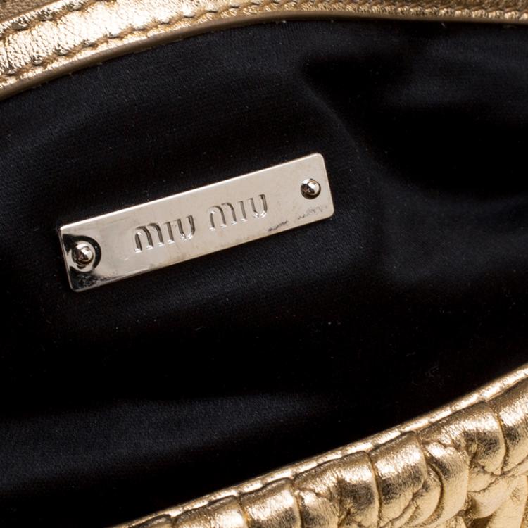 Pre Owned Miu Miu Gold Matelassé Leather Crystal Flap Shoulder Bag
