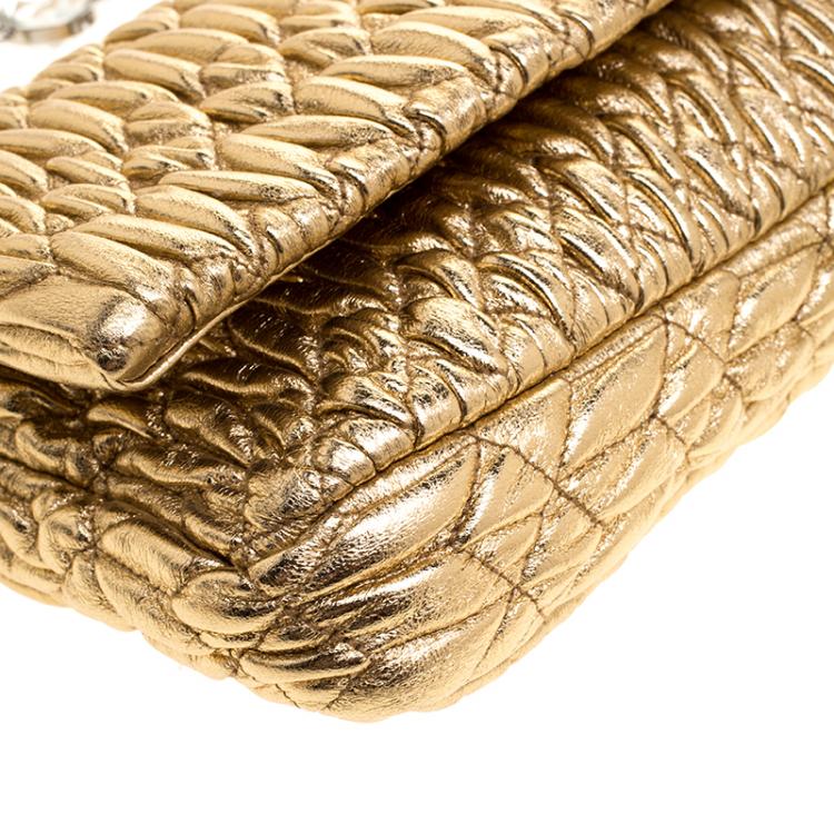 Pre Owned Miu Miu Gold Matelassé Leather Crystal Flap Shoulder Bag