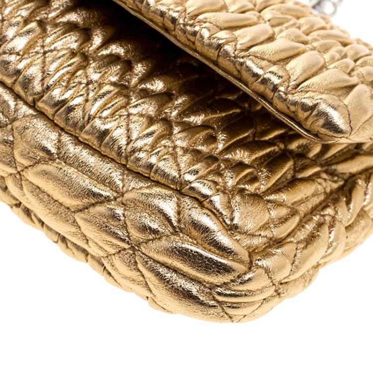 Pre Owned Miu Miu Gold Matelassé Leather Crystal Flap Shoulder Bag
