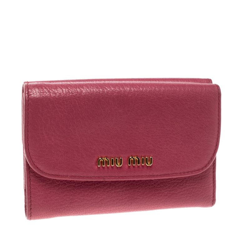 Pre Owned Miu Miu Hot Pink Leather Madras Compact Wallet